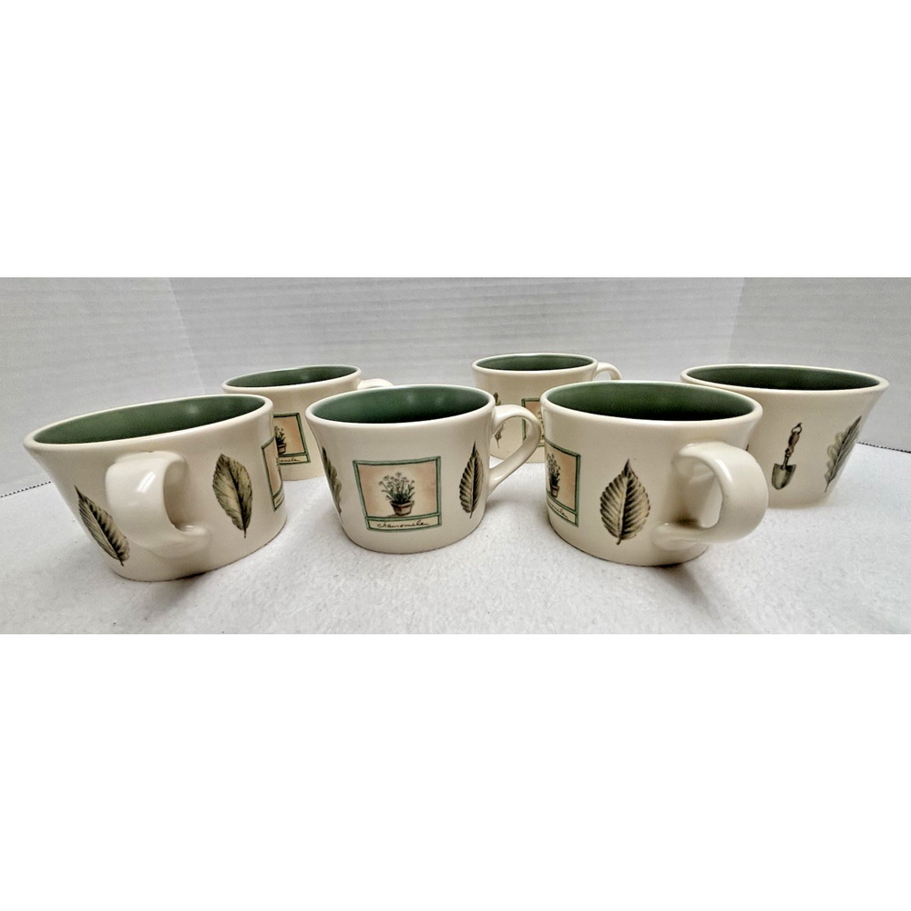 Lot of 6 Pfaltzgraff Naturewood Tea Mugs Cream and Light Green Spice and Leaf